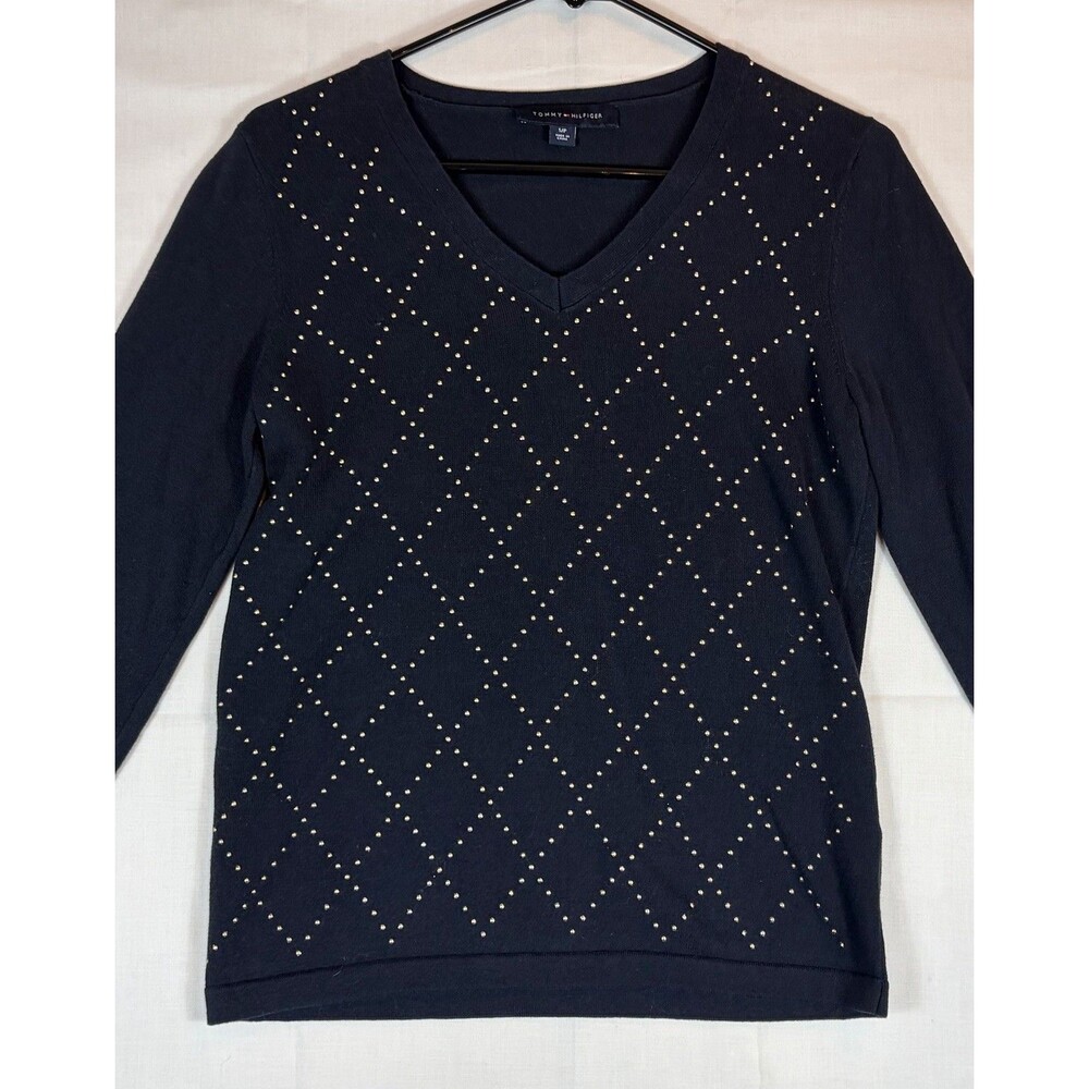 Tommy Hilfiger Sweater Ladies V-Neck L/S Cotton Navy Blue Metallic Women’s S